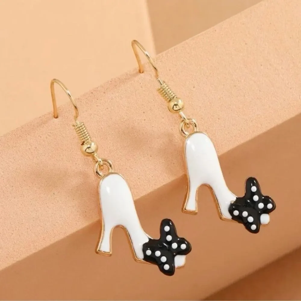 Vintage Style Barbie Heels Polka Dot Bow Charm Dangle Statement Earrings